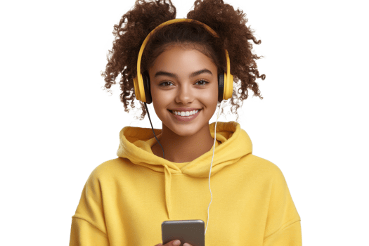 Girl wearing headphones smiles while listening to music png