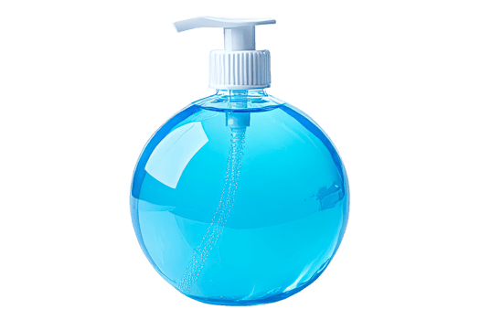 Clear blue soap dispenser with pump for hand washing png