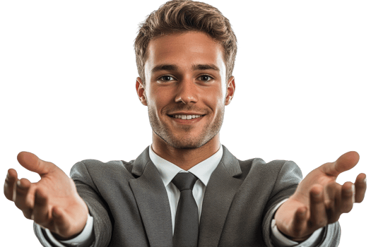 Young man in a suit welcoming with open arms png