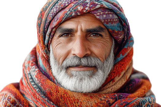 Elderly man with colorful scarf against transparent backdrop png