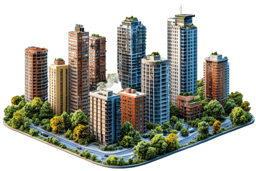 Urban landscape with modern buildings and greenery png