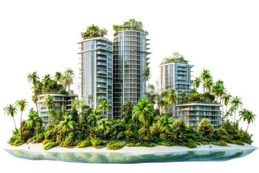 Modern tropical resort with lush greenery and water png