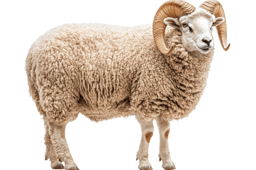Sheep with curly fleece and prominent horns stands proudly png