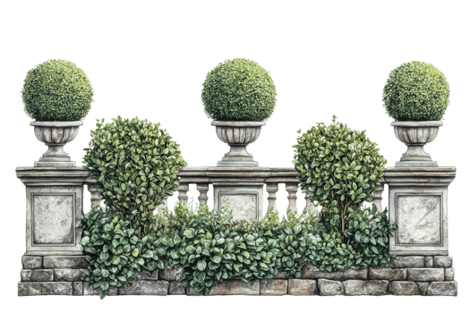 Decorative garden wall with greenery and stone design png