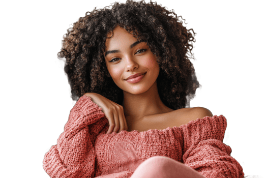 Smiling woman with curly hair wearing cozy sweater png