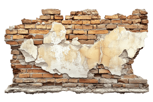 Weathered brick wall with peeling paint and plaster png