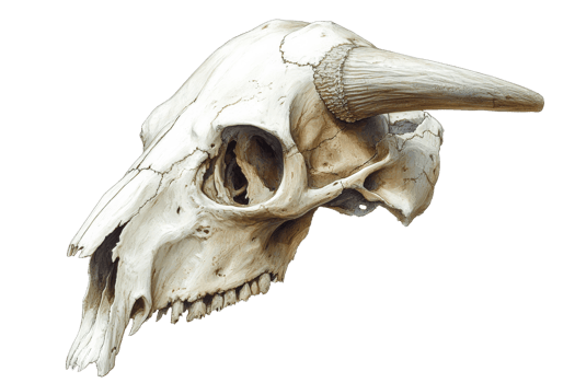 Large mammal skull with horn, transparent bg png