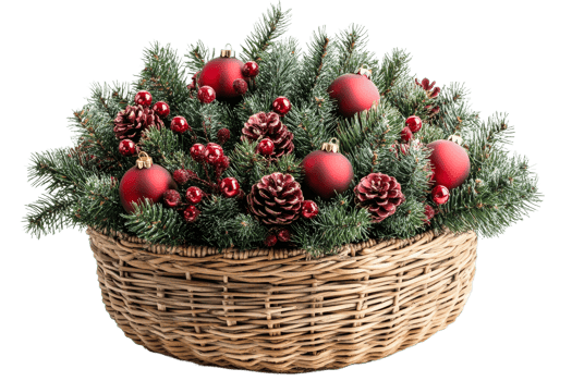 Festive holiday decoration with red ornaments and pinecones png