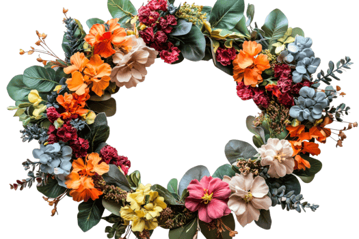 Colorful floral wreath with various blooms and leaves png