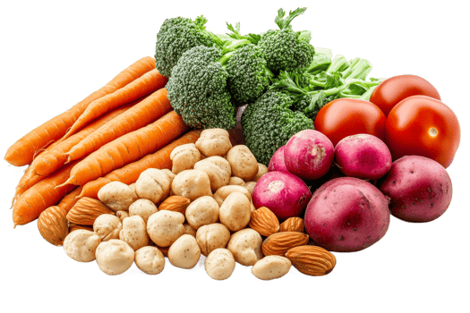 Fresh vegetables and nuts arranged on a table png