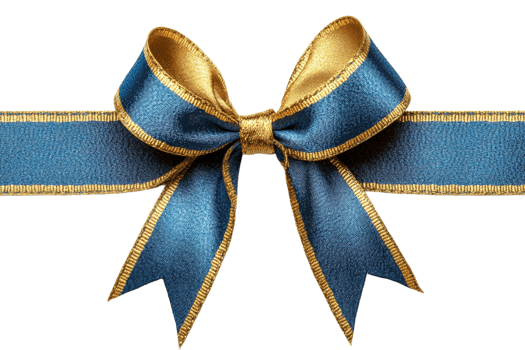 Beautiful blue ribbon bow with golden accents png