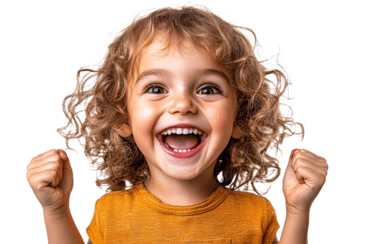 Child celebrating joyfully with bright smile and curly hair png