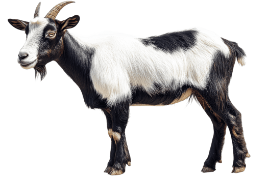 Black and white goat standing with a transparent background png