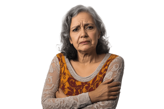 Elderly woman showing concern with crossed arms png