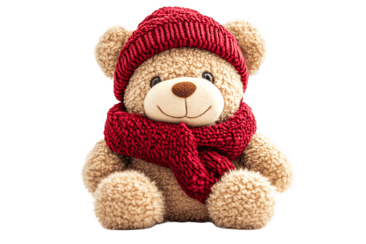 Cute teddy bear in winter attire with knit hat and scarf png