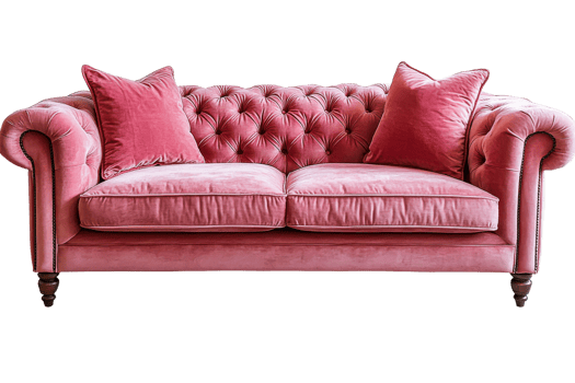 Elegant pink velvet sofa with tufted design and cushions png