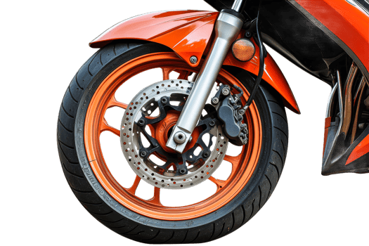 Motorcycle front wheel with stylish orange rim png