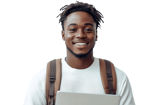 Joyful student with laptop and backpack studying png