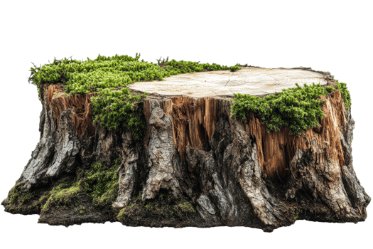 Stump with vibrant moss on a transparent background png