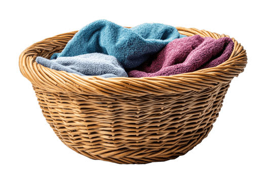 Basket filled with colorful towels on transparent background png