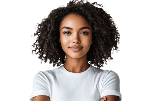 Confident woman with curly hair smiling warmly png