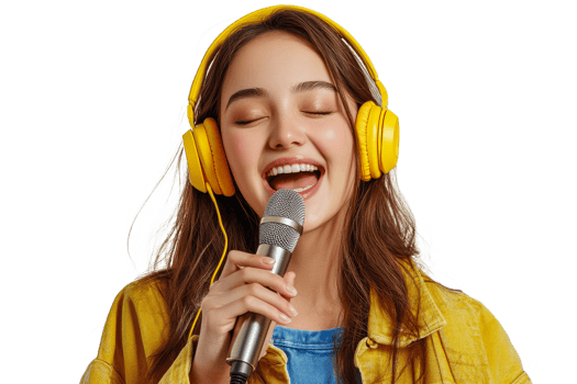 Young woman sings joyfully with headphones on png