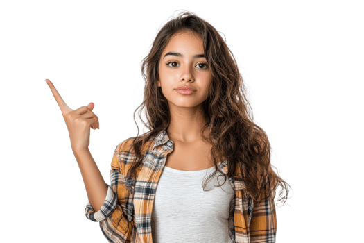 Young girl raises finger with a thoughtful expression png