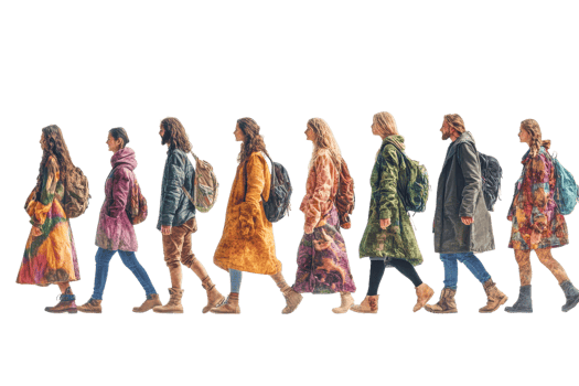 Diverse group of people walking with backpacks in winter png