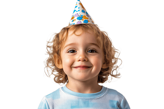 Happy child celebrating birthday with party hat png