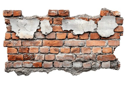 Rustic brick wall with peeling plaster in urban setting png