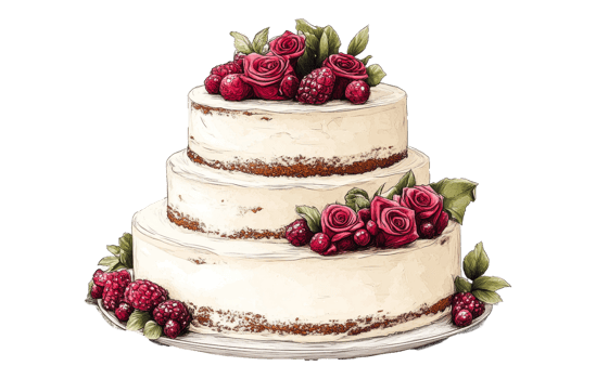 Elegant three tier cake decorated with flowers and berries png