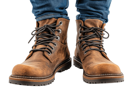 Quality brown boots worn in a casual outdoor setting png