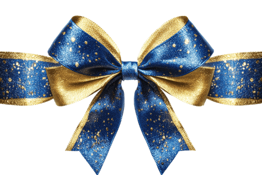 Beautiful blue and gold decorative bow with glitter png