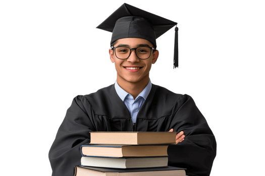 Young graduate smiling with books on transparent background png