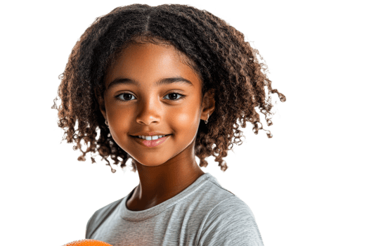 Young girl smiling while holding a basketball png