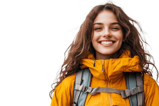 Smiling hiker with backpack on transparent background png