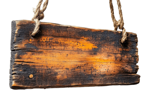 A weathered wooden sign is suspended by two rough ropes png