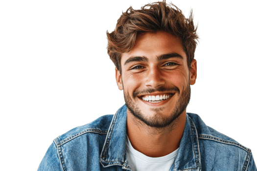 Cheerful young man in denim jacket with friendly smile png
