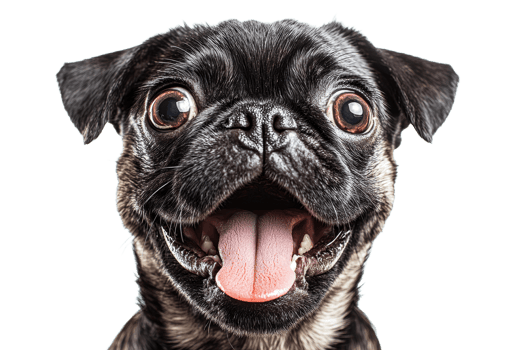 Happy pug dog with big eyes and open mouth png