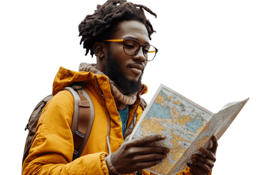 Young traveler exploring map with curiosity outdoors png