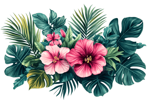 Tropical floral arrangement with hibiscus and palm leaves png