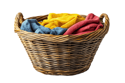 Basket filled with colorful cloths on transparent background png