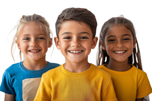 Three joyful children are standing together, smiling widely png