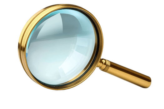 Magnifying glass with golden frame on transparent background png