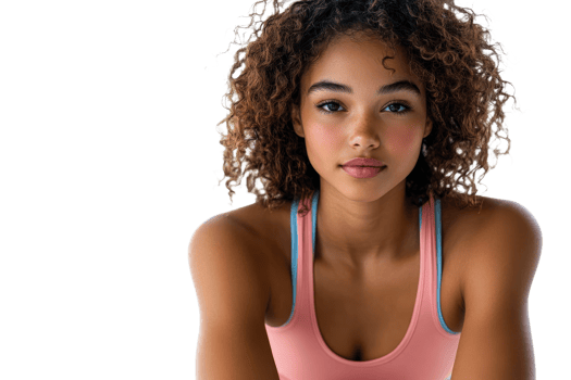 Confident young woman with curly hair on white backdrop png