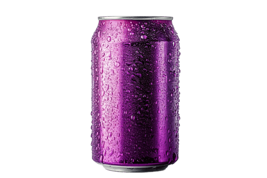Bright purple can with droplets on transparent background png