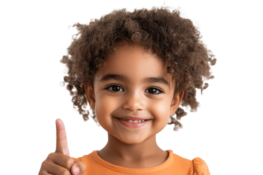 Young girl smiling and showing one finger in bright attire png