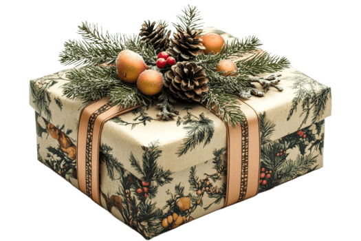 Decorative gift box with festive ornaments and greenery png