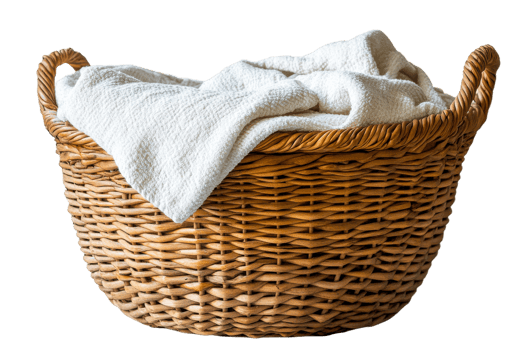 Woven basket with a soft, white blanket for storage png