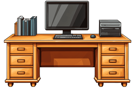 Desk with computer and books for a home office setup png